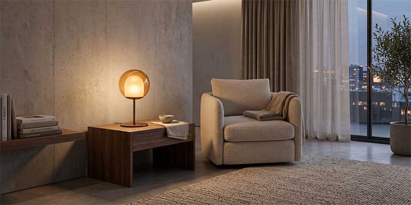 Modern table lamp by TAKETI casting warm glare-free light in cozy living room