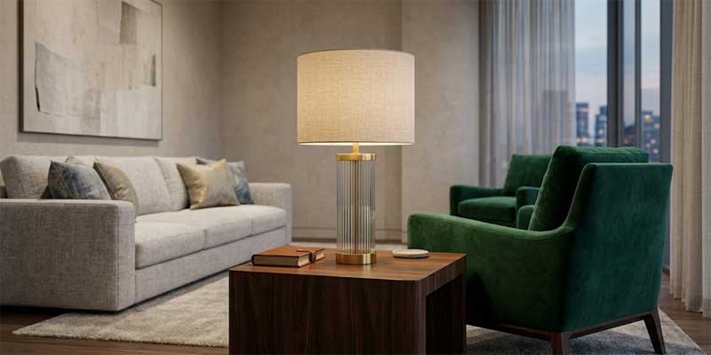 Proper table lamp sizing and ergonomic height proportions in a luxury living room by TAKETI