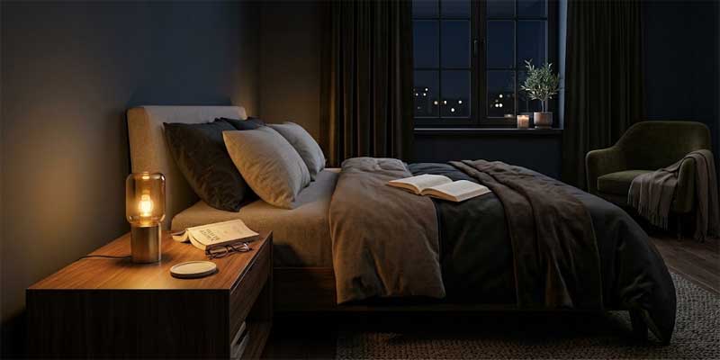 Warm bedside table lamp by TAKETI casting amber ambient light on a bedroom nightstand