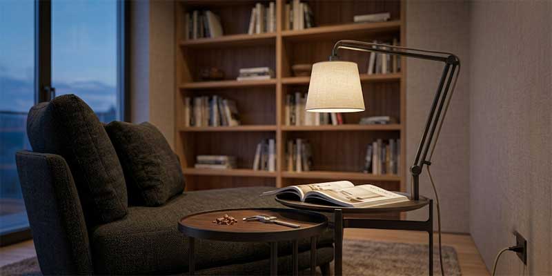 Table lamps for living room providing glare-free task light beside a comfortable reading lounge chair.