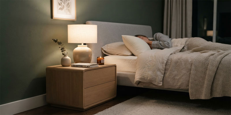 Cozy bedroom nightstand featuring a TAKETI bedroom table lamp with warm ambient glow