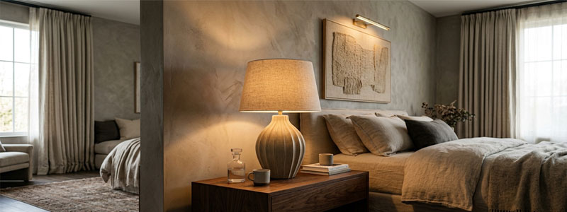 Artisanal table lamp illuminating a luxury bedroom nightstand with warm ambient glow by Taketi design studio