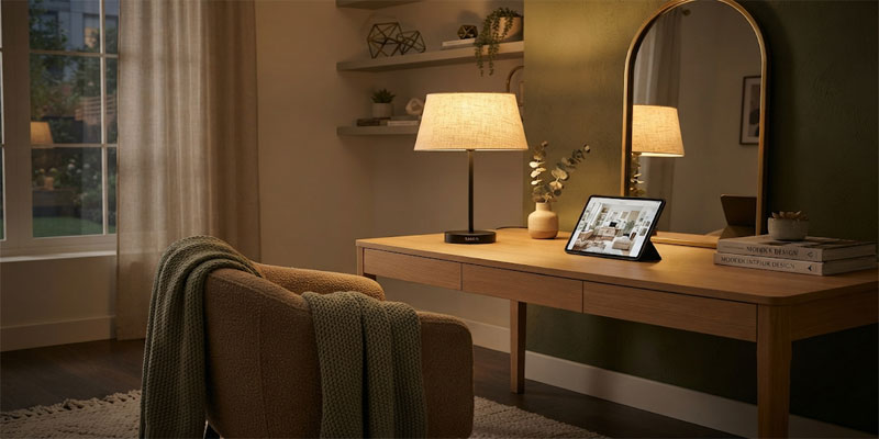 Warm ambient modern table lamp on a cozy living room desk Taketi customer care