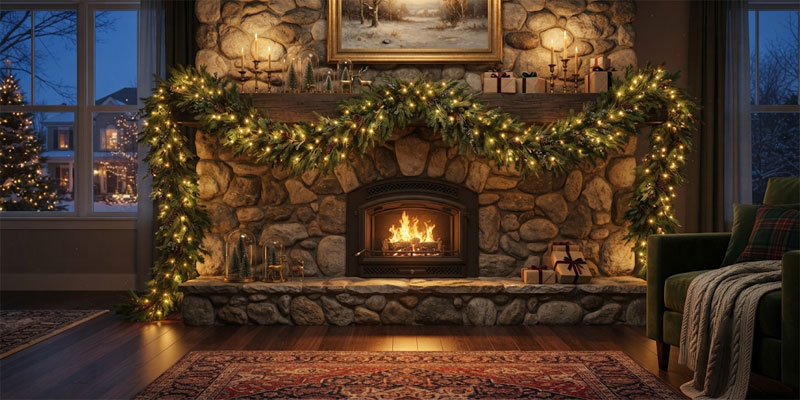 TAKETI warm white holiday Christmas lights draped across an American living room mantelpiece