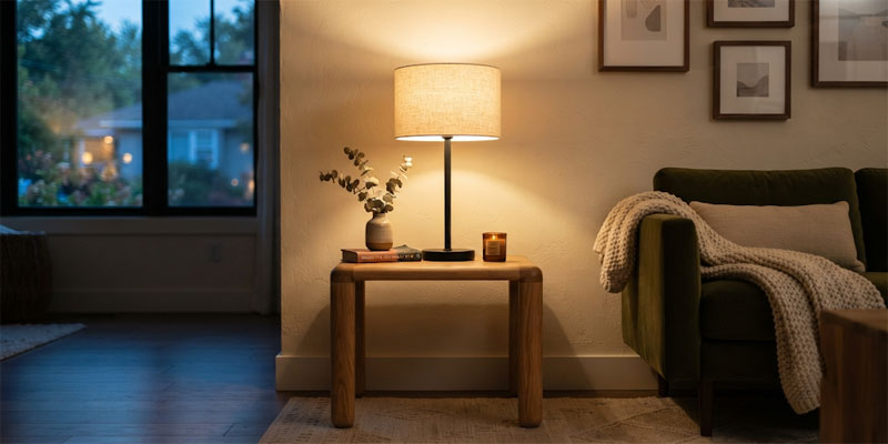 TAKETI modern table lamp emitting warm ambient light on a contemporary living room console table