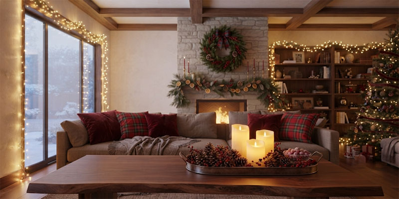 Elegant warm white Christmas lights illuminating a cozy living room with 2700K color temperature and holiday red accents
