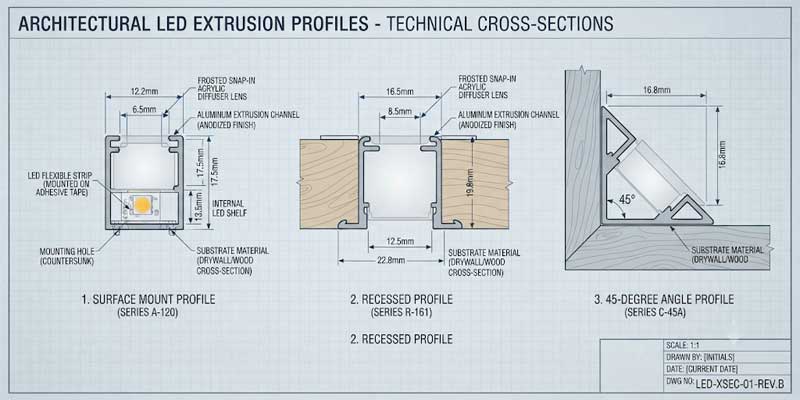 Cross-section diagram of aluminum channel heat sink mounting profiles with frosted diffuser for LED strip lights
