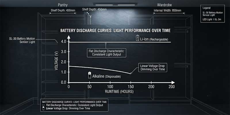 Technical chart showing voltage discharge curves of battery operated lights comparing USB-C lithium-ion versus alkaline cells