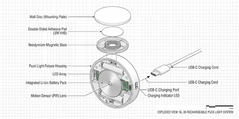 Exploded view schematic of battery operated lights showing magnetic base plate and adhesive disc assembly