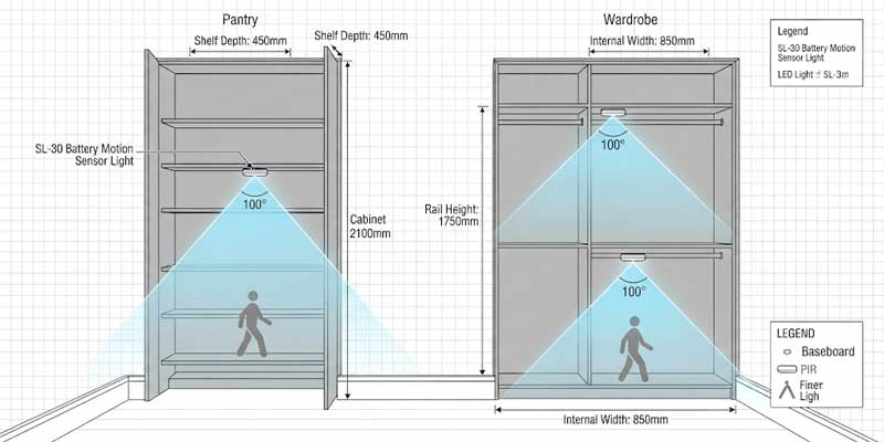 Architectural blueprint showing battery operated lights PIR motion sensor detection cone and RF remote signal radius