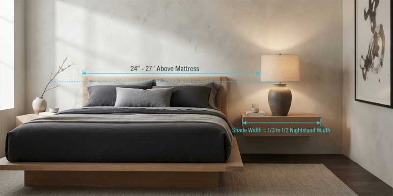 Technical measurement guide showing ideal lamp height and shade proportions for bedroom lighting ideas