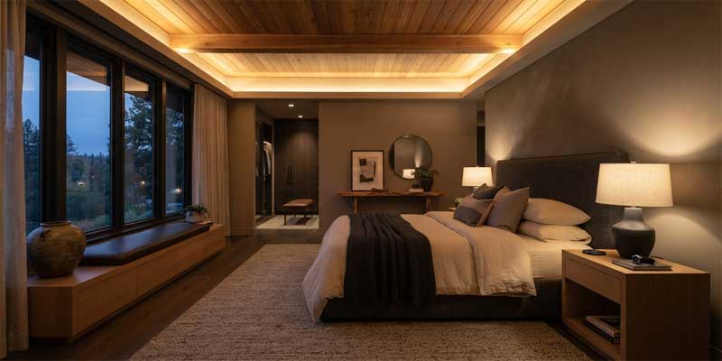 Master bedroom interior overview showcasing layered bedroom lighting ideas