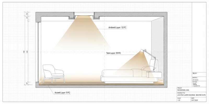 Architectural elevation diagram of bedroom lighting ideas showing ambient task and accent fixtures