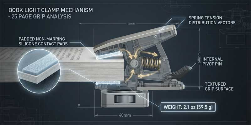 Book light clamp ergonomics and weight balance