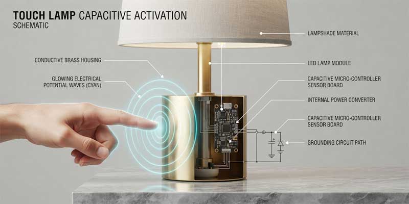 Technical illustration showing capacitive sensing and electrostatic charge flow on a metallic touch lamp