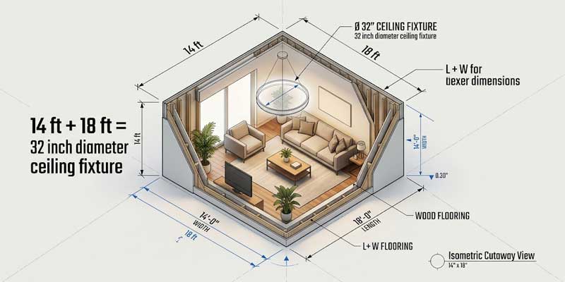 Diagram showing room width and length measurement formula to determine ceiling lights fixture diameter in inches