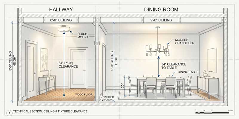 Technical side elevation blueprint comparing flush mount, semi-flush, and chandelier vertical hanging clearance heights