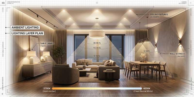 Infographic showing 2700K warm white to 4000K neutral white color temperature scale combined with three-tier layered lighting