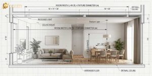 Architectural technical diagram illustrating ceiling lights sizing formula, hanging clearance height, and layered interior illumination