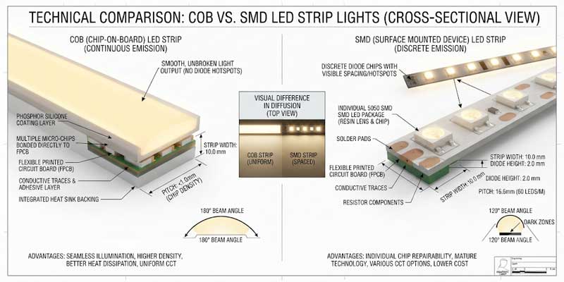 Technical comparison schematic of COB vs SMD LED strip lights showing diode pitch diffusion angles and beam hot spots