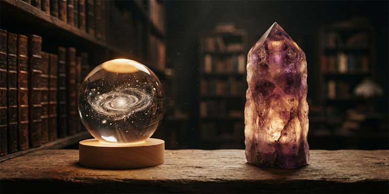 Close up view of an illuminated 3D galaxy crystal lamp glass sphere on wood base next to a glowing raw amethyst tower