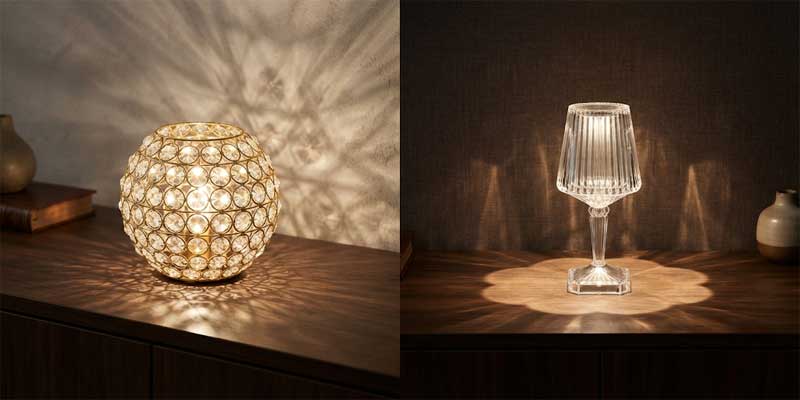 Side by side comparison of a K9 crystal lamp beaded wire sphere and a rechargeable fluted glass goblet lamp