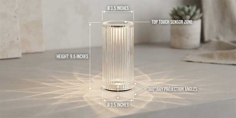 Architectural engineering diagram of a crystal lamp diamond cylinder showing touch control sensor and 360 light rays