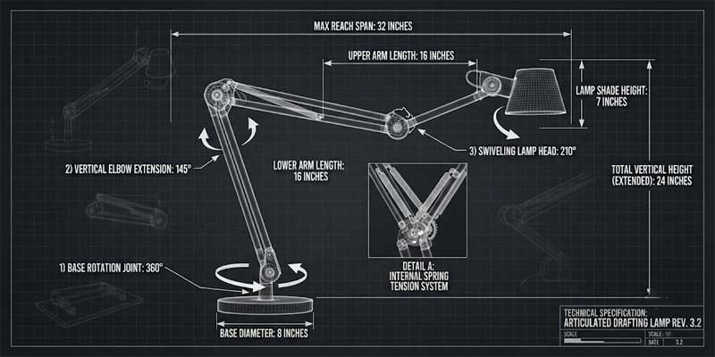 Desk lamp articulated arm reach and adjustment