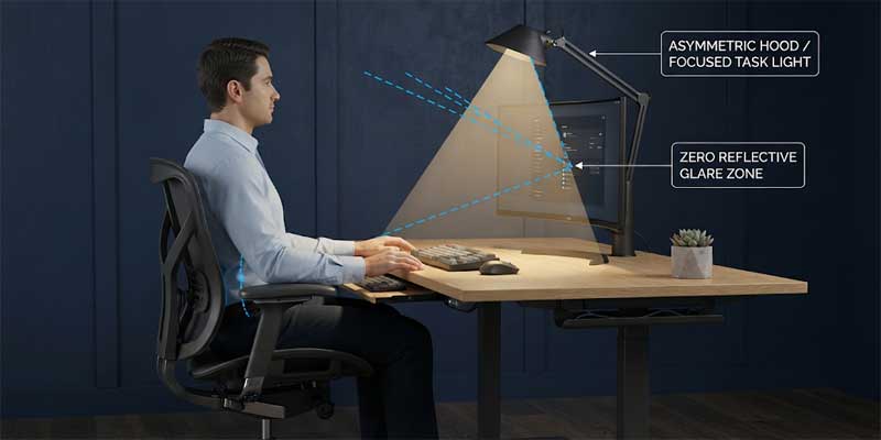 Desk lamp asymmetric optics glare reduction