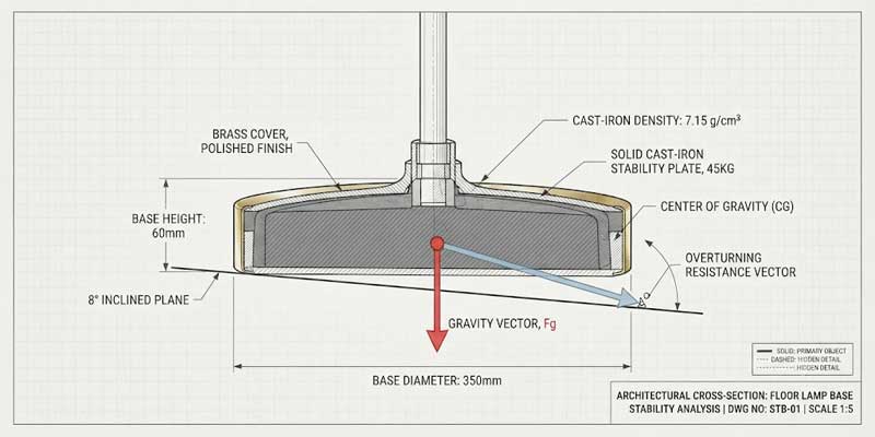 Engineering cross-section of a floor lamp cast-iron weighted base showing center of gravity and 8-degree incline tip test