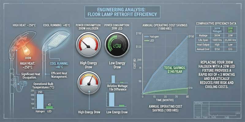 Infographic chart comparing floor lamp energy consumption showing 20W LED versus 300W halogen wattage and annual electric bill