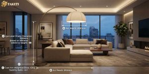 Modern living room showing arc floor lamp over sectional sofa with weighted marble base and dimension lines