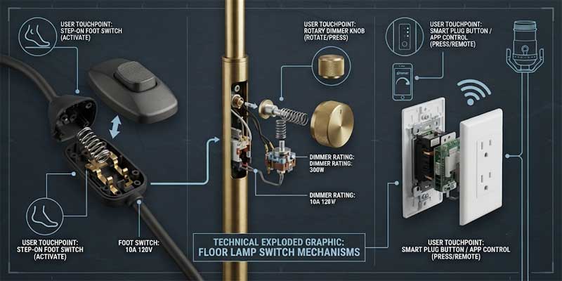 Technical illustration of floor lamp switch options showing step-on foot switch pole rotary dial and smart outlet plug