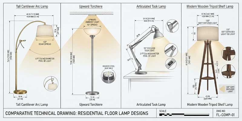 Architectural comparison schematic showing arc torchiere task and shelf floor lamp silhouettes with beam spread angles