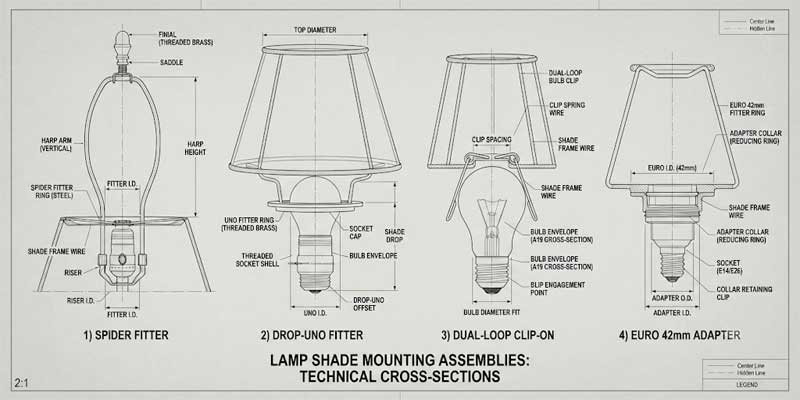 Technical engineering schematic showing lamp shades fitter types including Spider Uno Clip-on and Euro rings