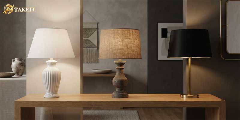 Neutral tailored linen lamp shades displayed on modern ceramic lamp bases