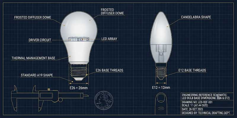 Technical engineering schematic showing socket bases and envelope shapes for residential led light bulbs