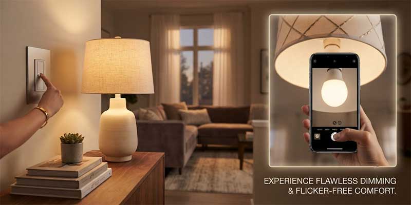 Demonstration of smooth flicker-free dimming for led light bulbs alongside smartphone camera testing
