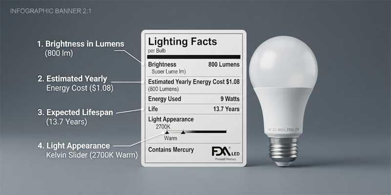 Illustrated guide decoding the official FTC lighting facts label found on packaging for led light bulbs