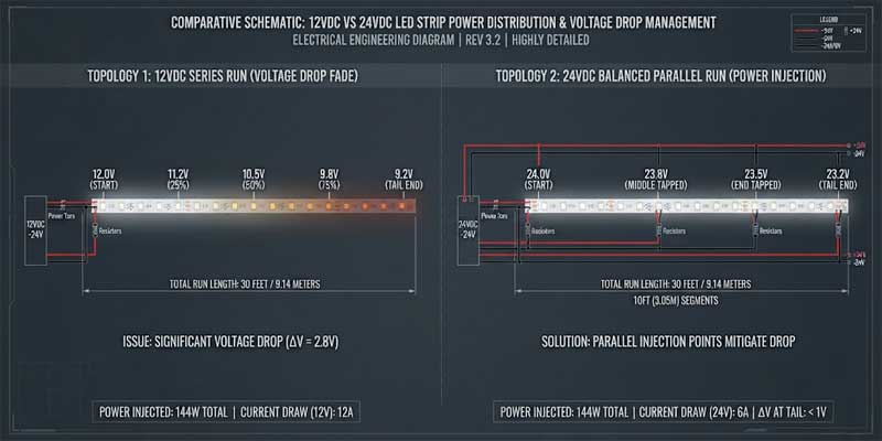 Wiring schematic showing 12V vs 24V voltage drop curves and parallel power injection points for LED strip lights
