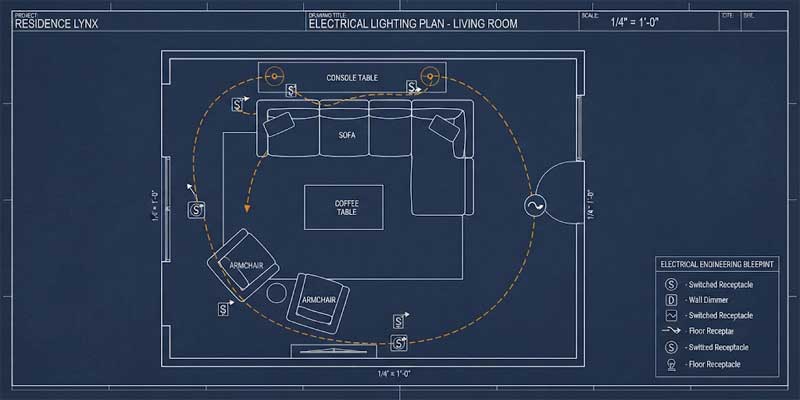 Top down architectural floor plan showing switched outlet placement for living room lamps