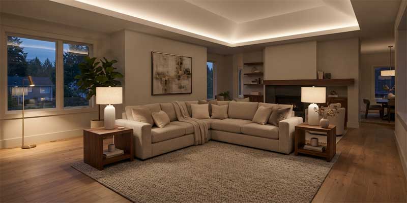 Modern open concept living room interior demonstrating balanced living room lamps placement