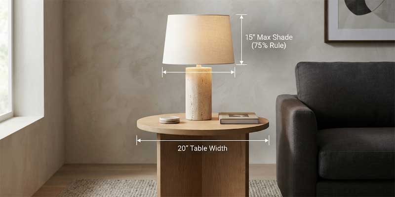 Dimension proportion guide showing table width versus shade diameter for living room lamps