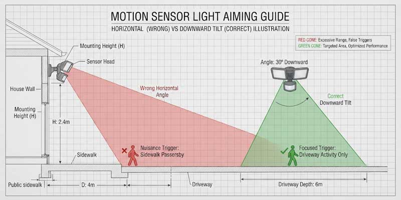 Cross-section diagram showing proper downward aiming and lens masking for an outdoor motion sensor light