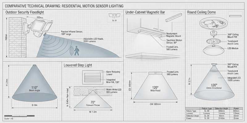 Architectural diagram illustrating four types of motion sensor light fixtures including security floodlights step lights and closet bars