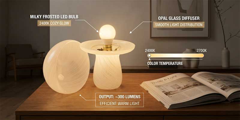 Diagram demonstrating the soft glow of a frosted 2700K bulb inside a mushroom lamp versus harsh direct filament glare