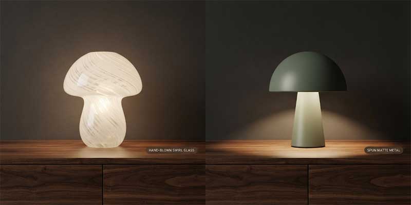 Side by side detail of a hand blown swirl glass mushroom lamp and a spun matte metal dome lamp