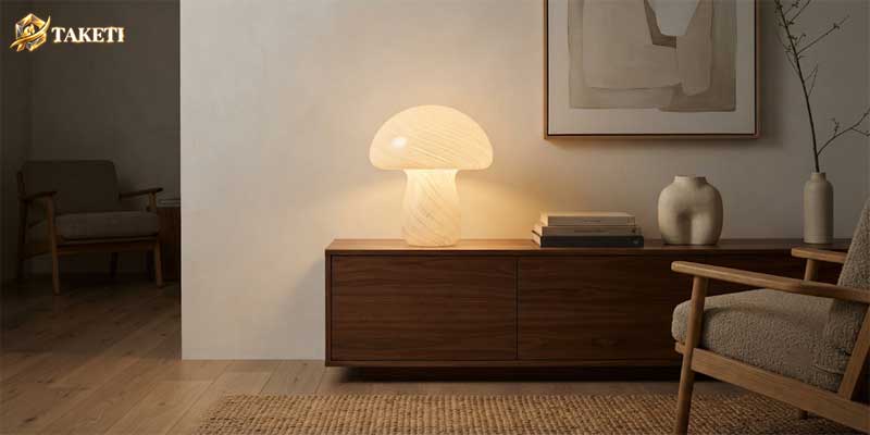 Iconic mushroom lamp casting warm ambient glow on a mid-century modern wooden credenza