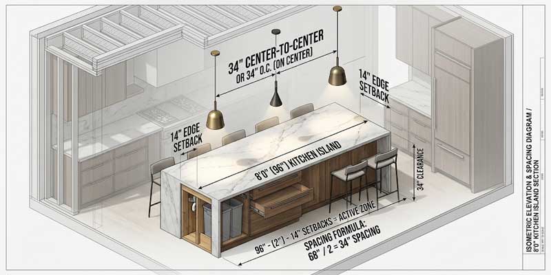 Technical diagram showing kitchen island pendant light spacing formula with edge setbacks and center-to-center distances