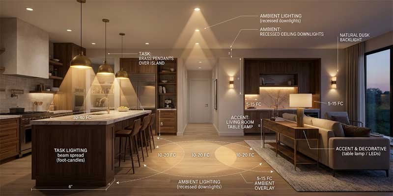 Architectural lighting layout diagram illustrating task pendant lights combined with ambient ceiling recessed lights and accent table lamps